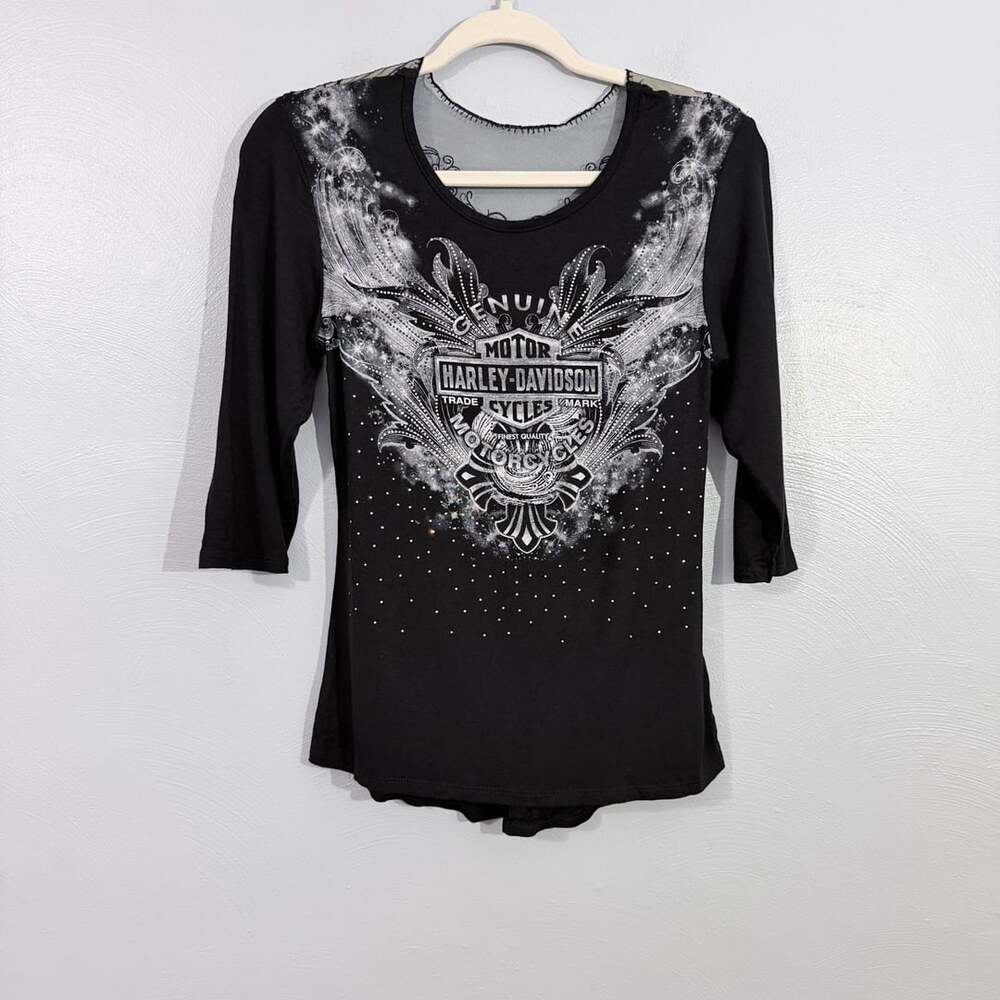 Harley Davidson Black Bling Winged Lace Mesh Back Graphic Top S